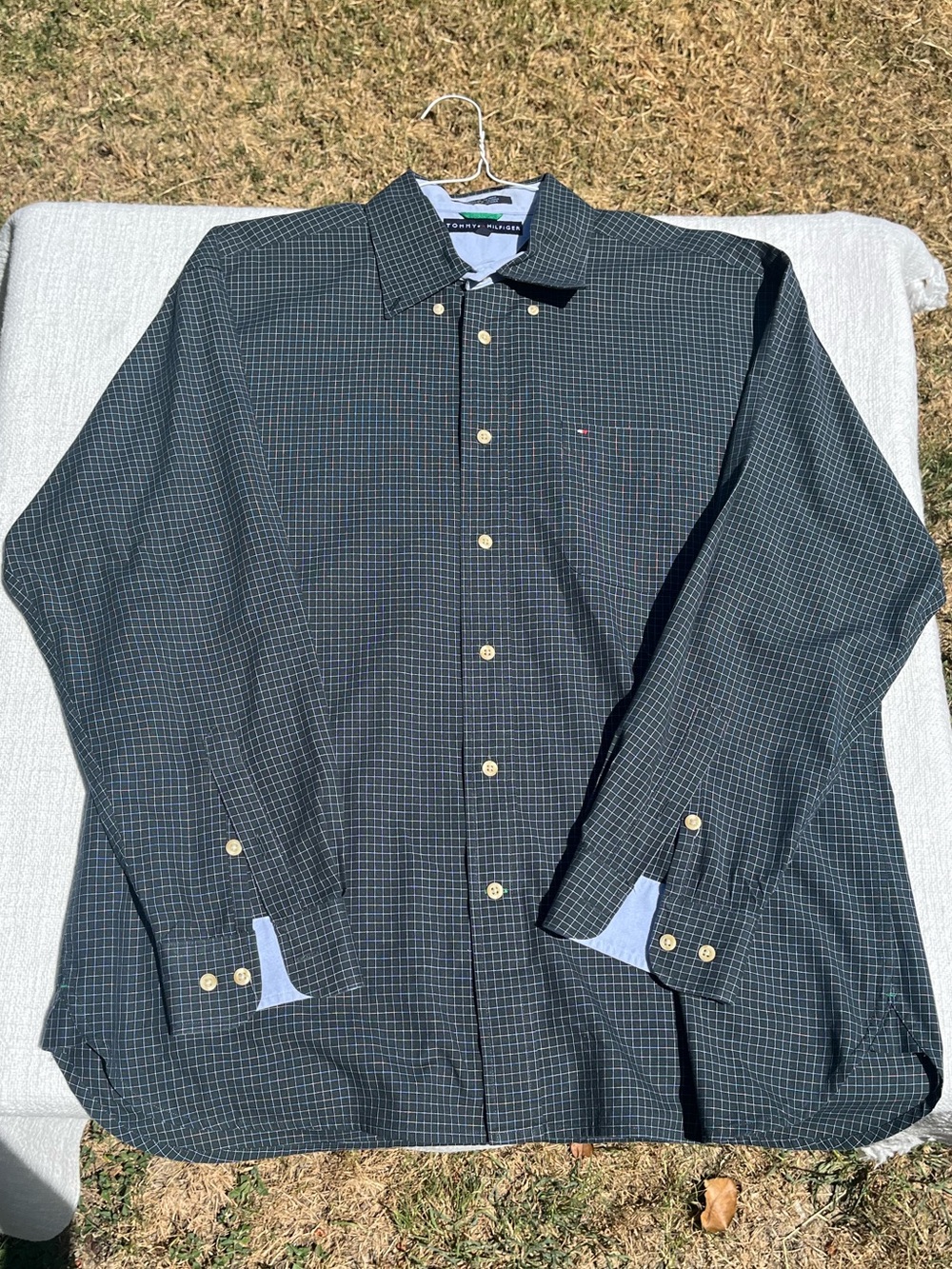 Vtg Tommy Hilfiger Mens L Green Blue Windowpane Plaid Long Sleeve Button Shirt